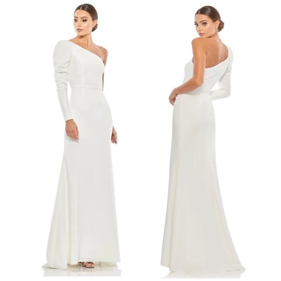 MAC DUGGAL One Shoulder Puff Sleeve Gown in White Size US 14 - Picture 1 of 10